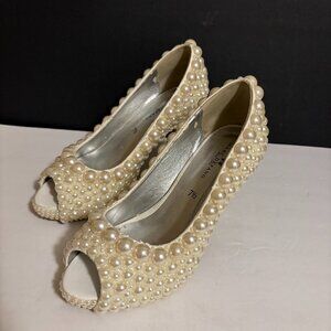 Marc Defang Mellie Pearl Peep Toe Pump Pageant Bridal Prom Heel Shoes Size 7.5